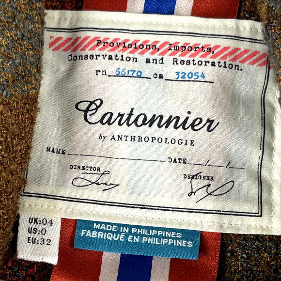 Anthropologie Cartonnier Plaid Wrap Blazer Women 0 Brown Fringe Tweed Fall - Picture 9 of 16